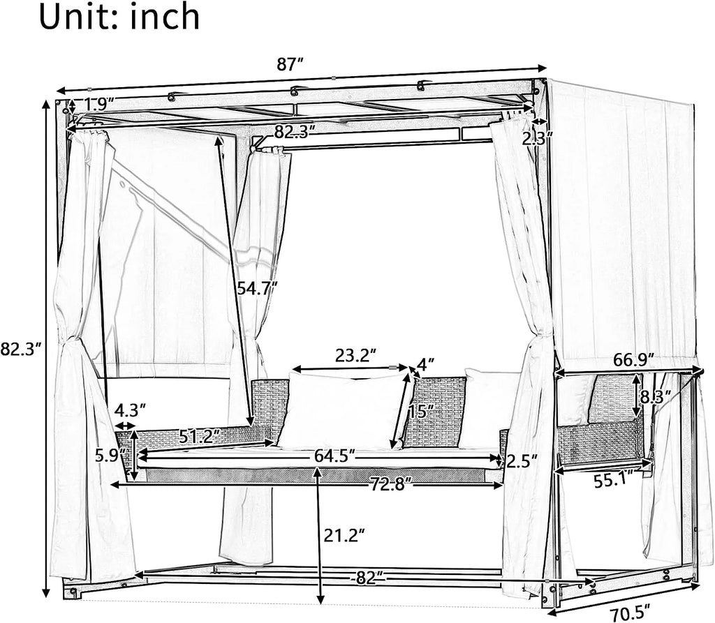 Merax 3-Seat Patio Swing Bed,Outdoor Porch Chair with Adjustable Canopy and Durable Steel Frame for Patio, Garden, Poolside Dark Grey