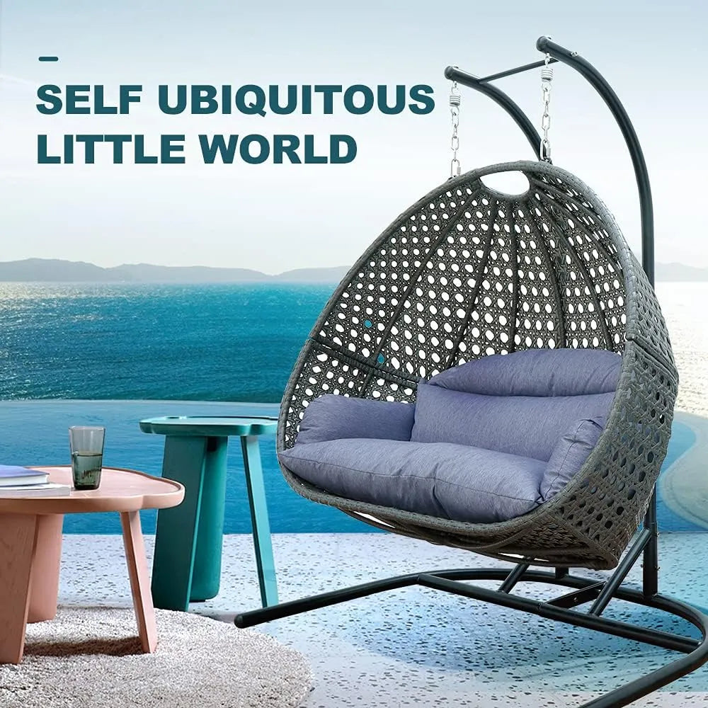 JOYBASE Hanging Egg Chair with Stand, Outdoor Wicker Rattan Egg Swing Chair with Stand and Cushion for Indoor Outdoor Bedroom Patio Garden (Grey/Black)