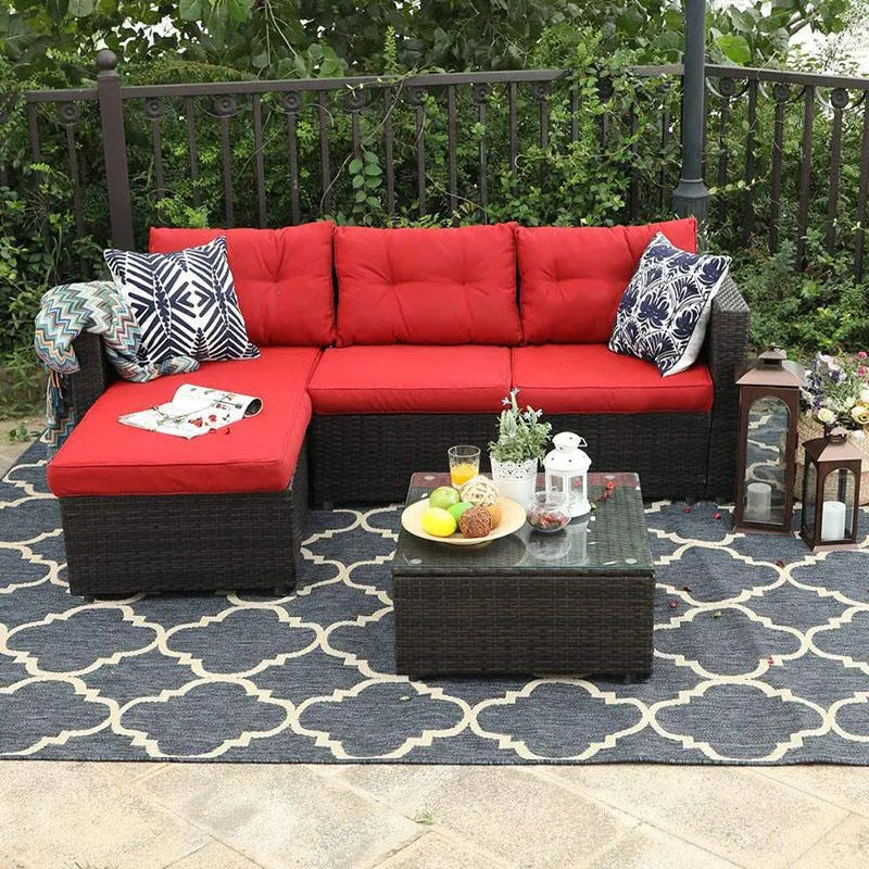 3-Piece Patio L-Shaped Rattan Sectional Sofa Set With Cushions