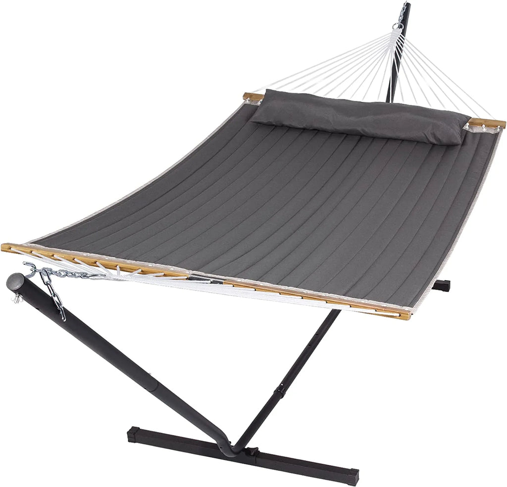 55 Inch Extra Large Double Hammock with Stand, 475lbs Capacity, Outdoor Portable Hammock with Hardwood Spreader Bar, Extra Large Pillow