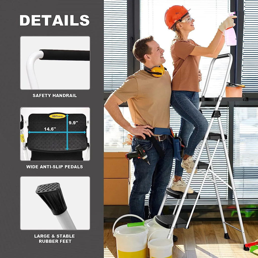 3 Step Ladder, Folding Step Stool with Wide Anti-Slip Pedal, 500lbs Sturdy Steel Ladder, Convenient Handgrip, Lightweight, Portable Steel Step Stool, Black