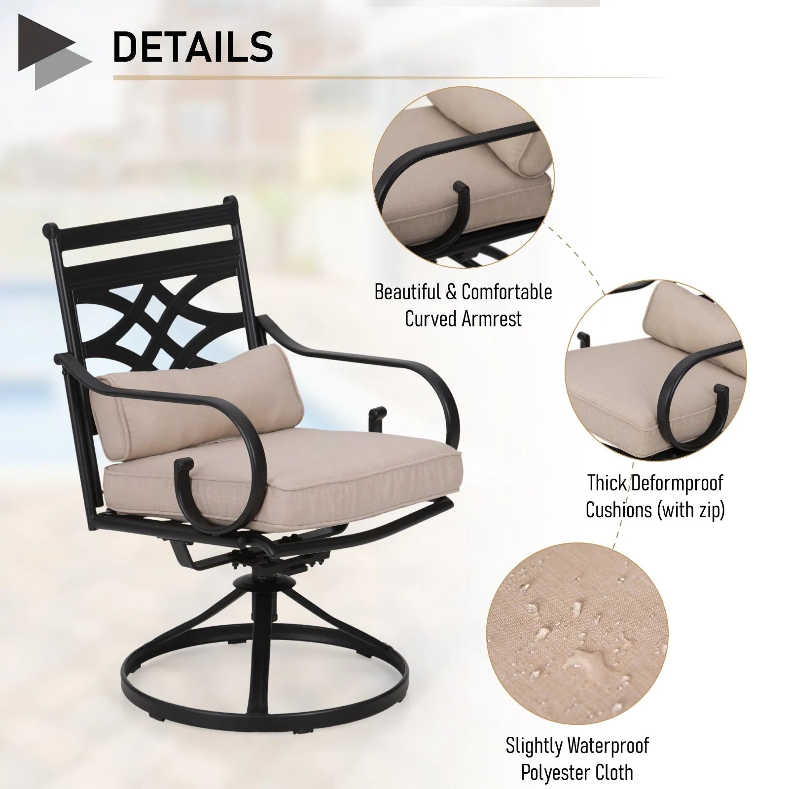 5-Piece Outdoor Dining Set 4 Swivel Steel Chairs and Square Table