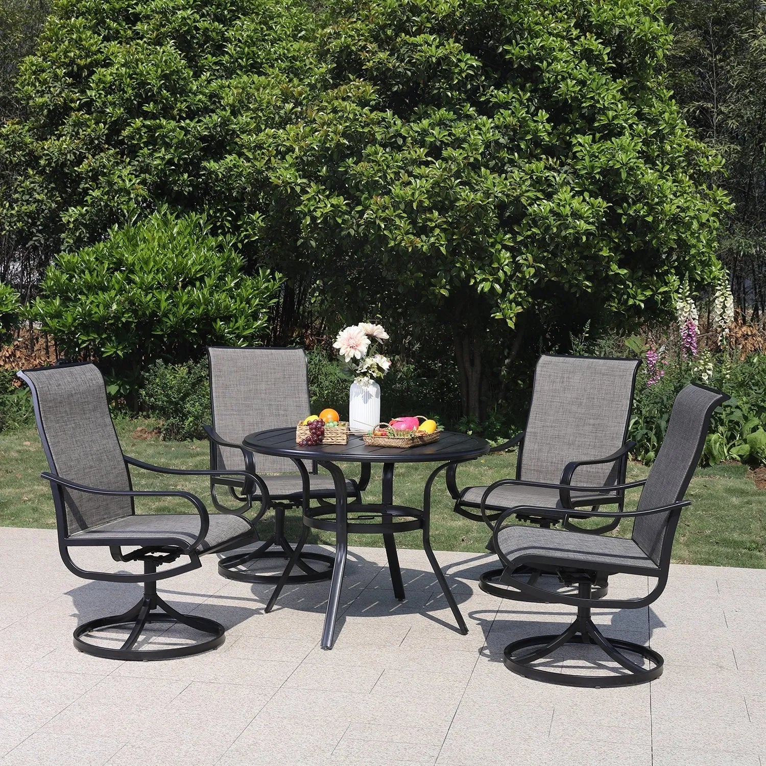 5-Piece Patio Dining Set 4 Textilene Swivel Chairs & Metal Steel Table