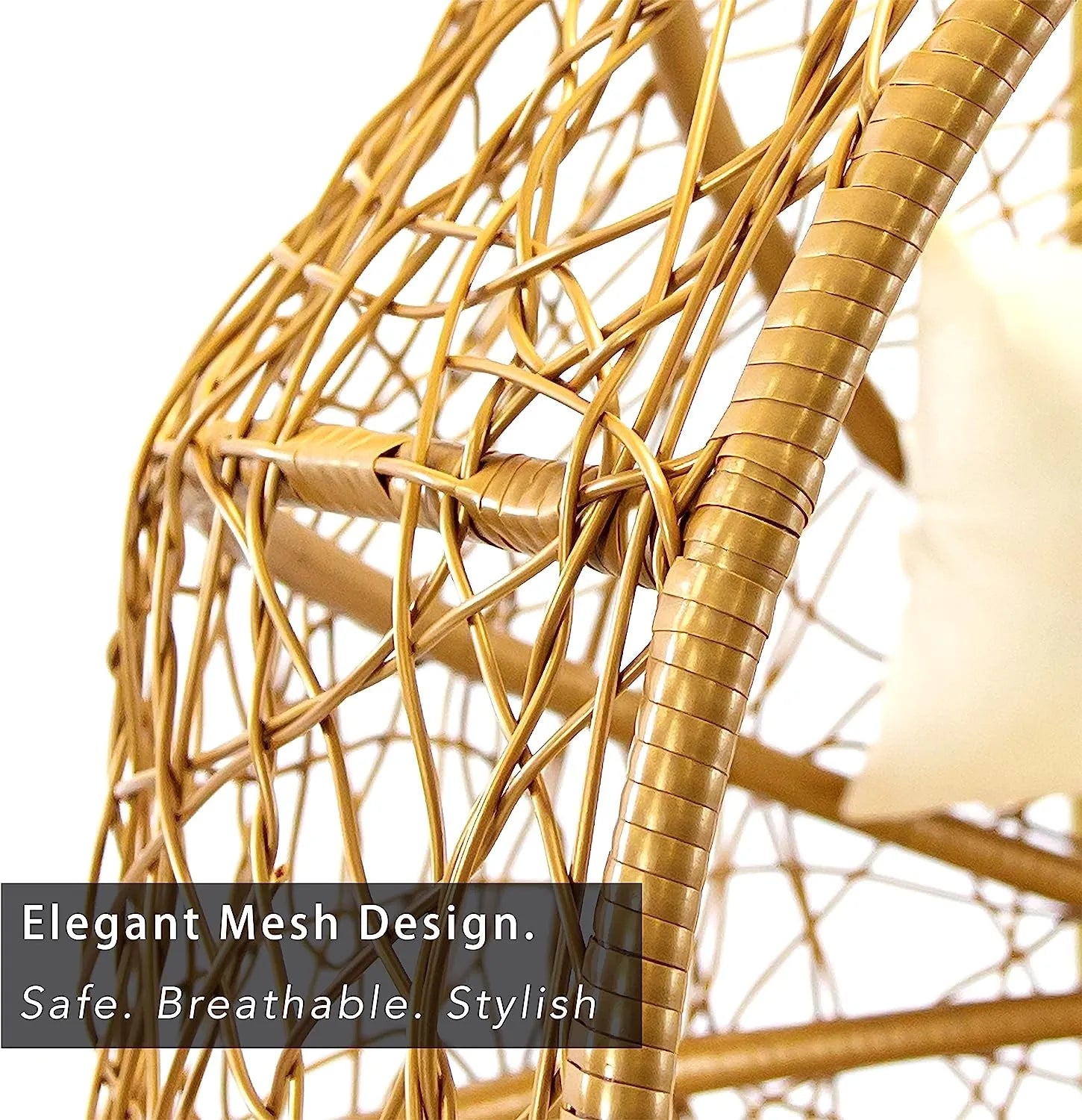 J.M.Deco Porch Swing Chair with Stand, Cushion & Pillow, Goldden Egg Rattan Wicker Swing Hanging Chair, Hammock Chair for Indoor, Outdoor, Garden, Backyard & Patio