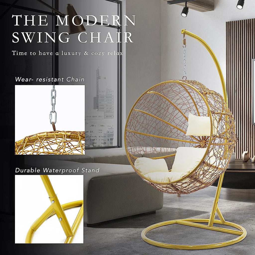 J.M.Deco Porch Swing Chair with Stand, Cushion & Pillow, Goldden Egg Rattan Wicker Swing Hanging Chair, Hammock Chair for Indoor, Outdoor, Garden, Backyard & Patio
