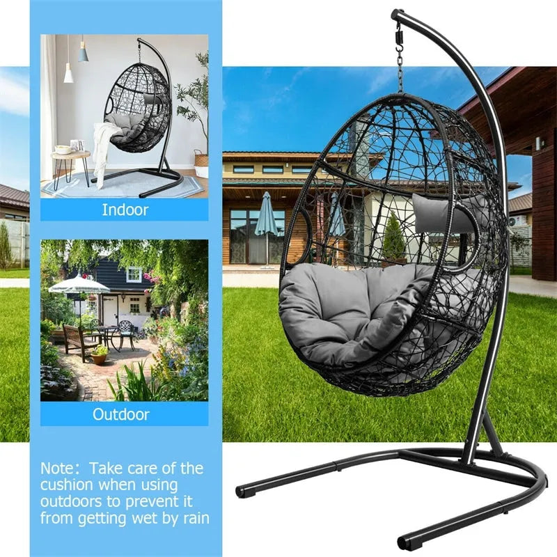 Outdoor Hanging Egg Chair Swing Hammock Chair Set with Stand & Cushion