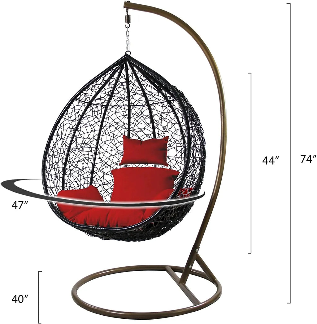 J.M.Deco Porch Swing Chair with Stand, Cushion & Pillow, Goldden Egg Rattan Wicker Swing Hanging Chair, Hammock Chair for Indoor, Outdoor, Garden, Backyard & Patio