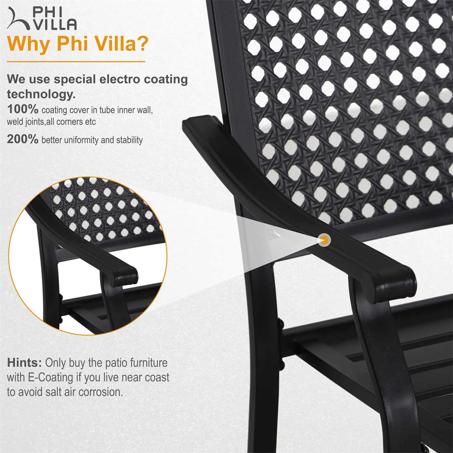 Outdoor Fixed Steel Dining Chairs with Bullseye Flower Pattern - Set of 2