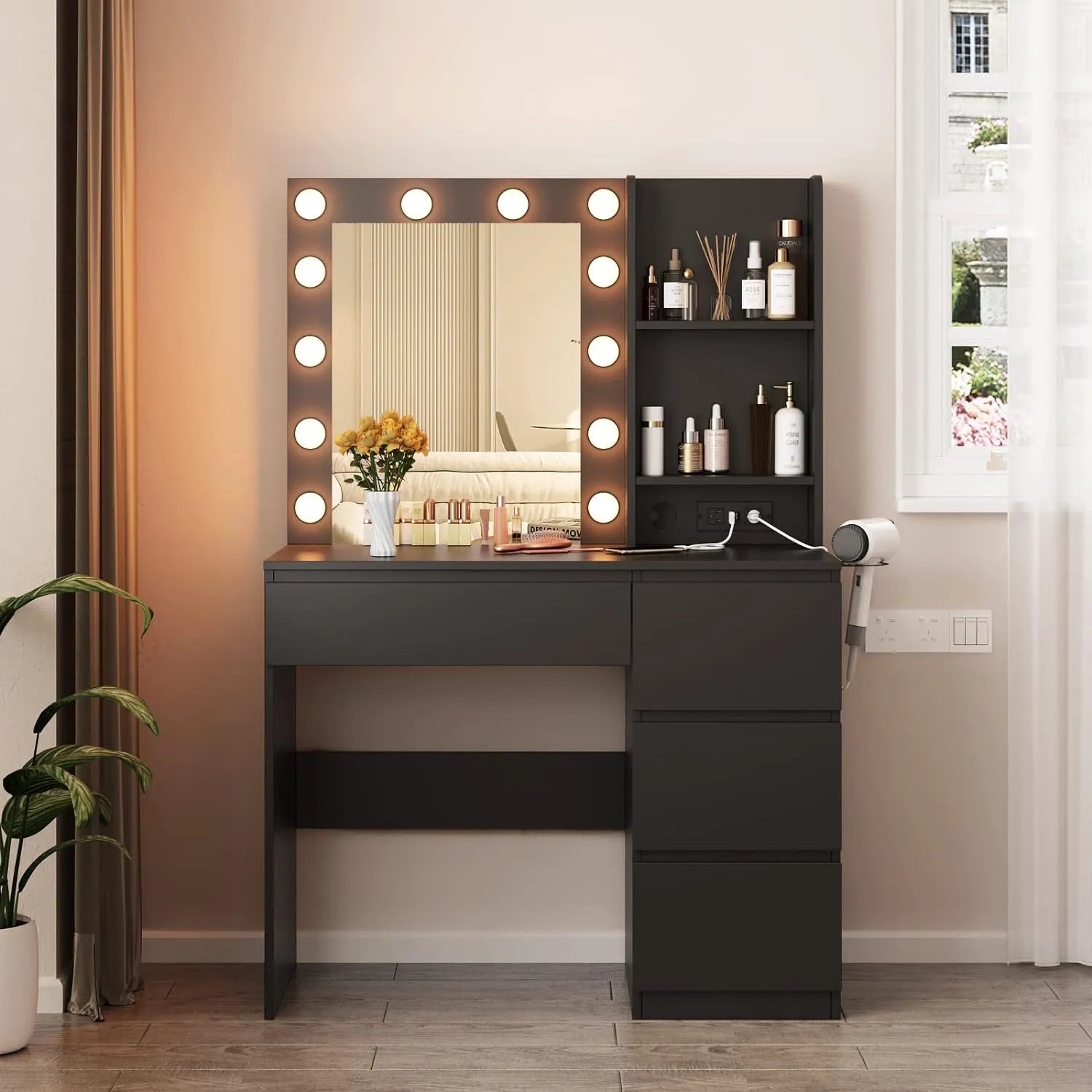 Vabches Makeup Vanity with Lights, 37inch Vanity Desk with Power Strip, 4 Drawers Makeup Table with Lighted Mirror, 3 Lighting Colors, White