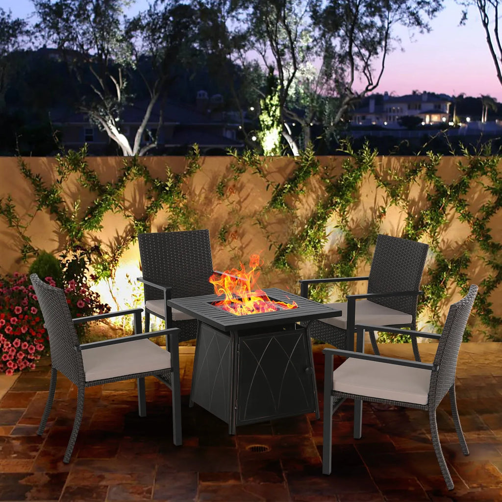 5-Piece Patio Fire Pit Set Rattan Dining Chairs & 50,000BTU Square Fire Pit Table