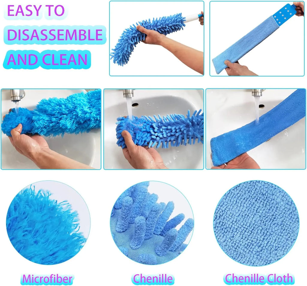 Household Cleaning Dusters 3 in 1 Kit,Microfiber Duster with Extension Pole 30-100 Inches,Retractable Gap Dust Brush Cleaner Long Feather Duster for Cleaning Ceiling Fan,Furniture,Blinds,Wall (Blue)