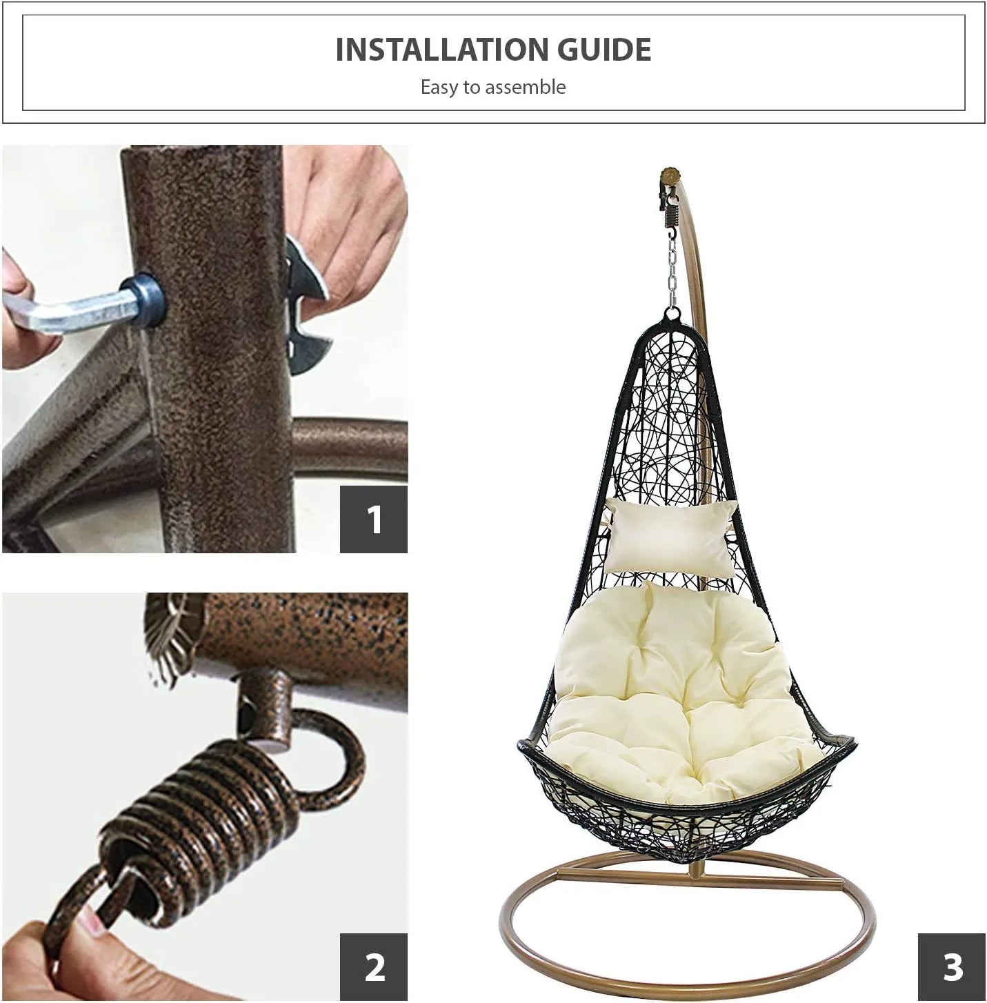 J.M.Deco Porch Swing Chair with Stand, Cushion & Pillow, Goldden Egg Rattan Wicker Swing Hanging Chair, Hammock Chair for Indoor, Outdoor, Garden, Backyard & Patio