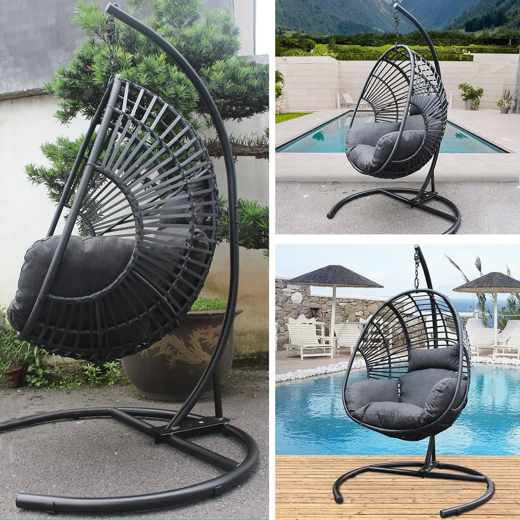 JOYBASE Hanging Egg Chair with Stand, Outdoor Wicker Rattan Egg Swing Chair with Stand and Cushion for Indoor Outdoor Bedroom Patio Garden (Grey/Black)