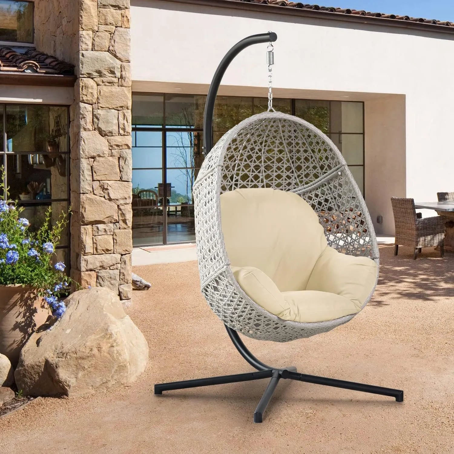 PRIVATE GARDEN Large Hanging Egg Chair with Stand Upgraded Wicker Egg Swing Chair Outdoor Indoor PE Rattan Hanging Chair with Grey Comfort Cushion Heavy Duty C-Stand